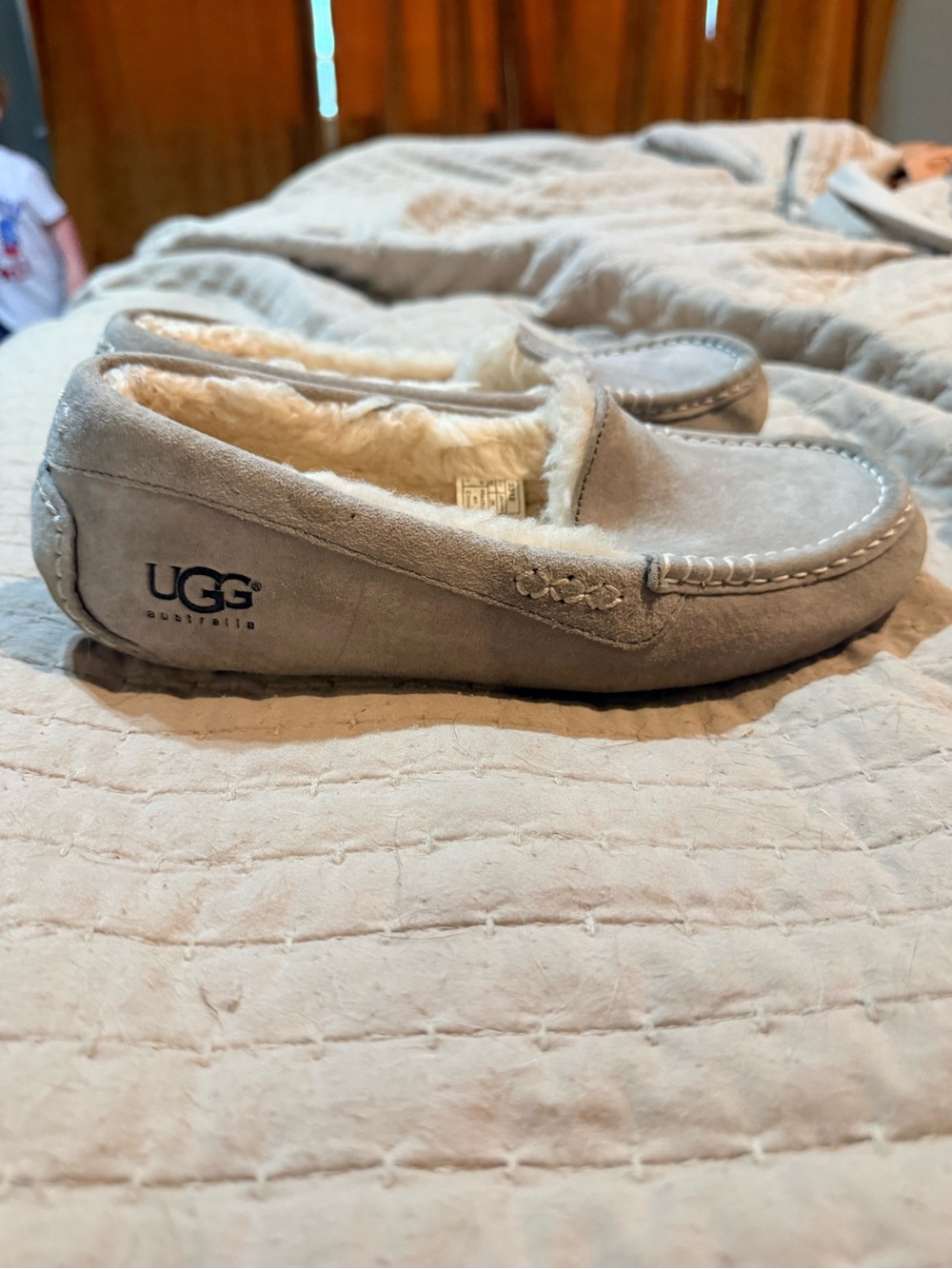 UGG Light Gray Suede Moccasin Slippers with Cream Shearling